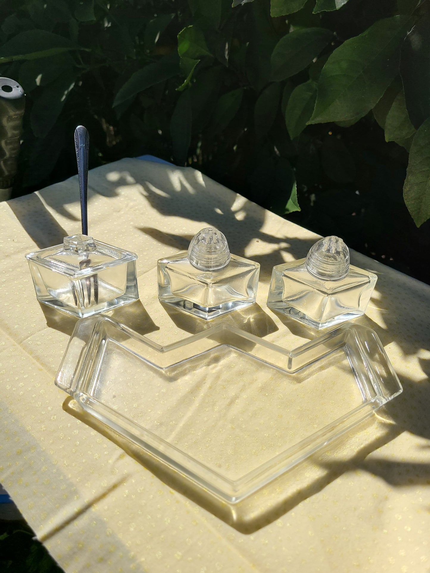 1940's Art Deco 7 piece Glass Cruet Set with Tray
