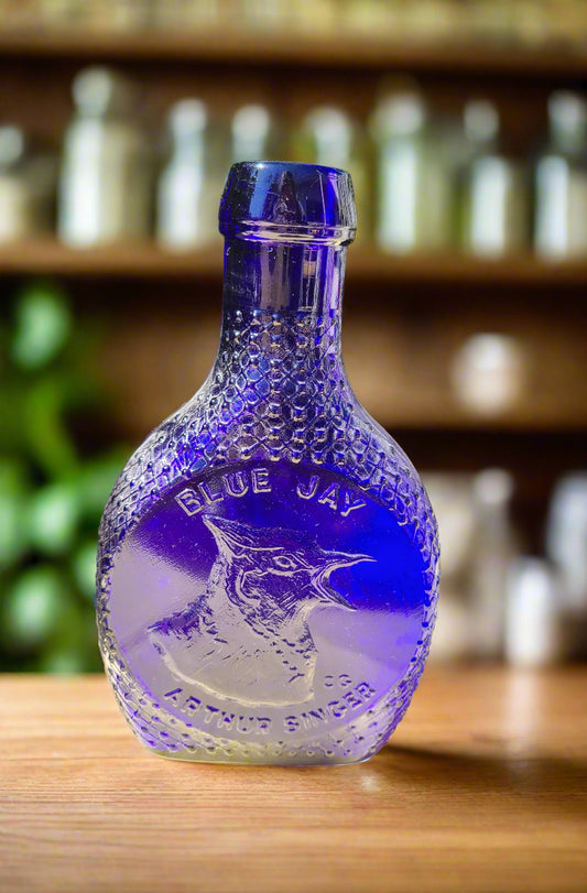 Vintage Clevenger Bros./Arthur Singer Colored Glass Collectible Bird Bottle ~ Blue Jay
